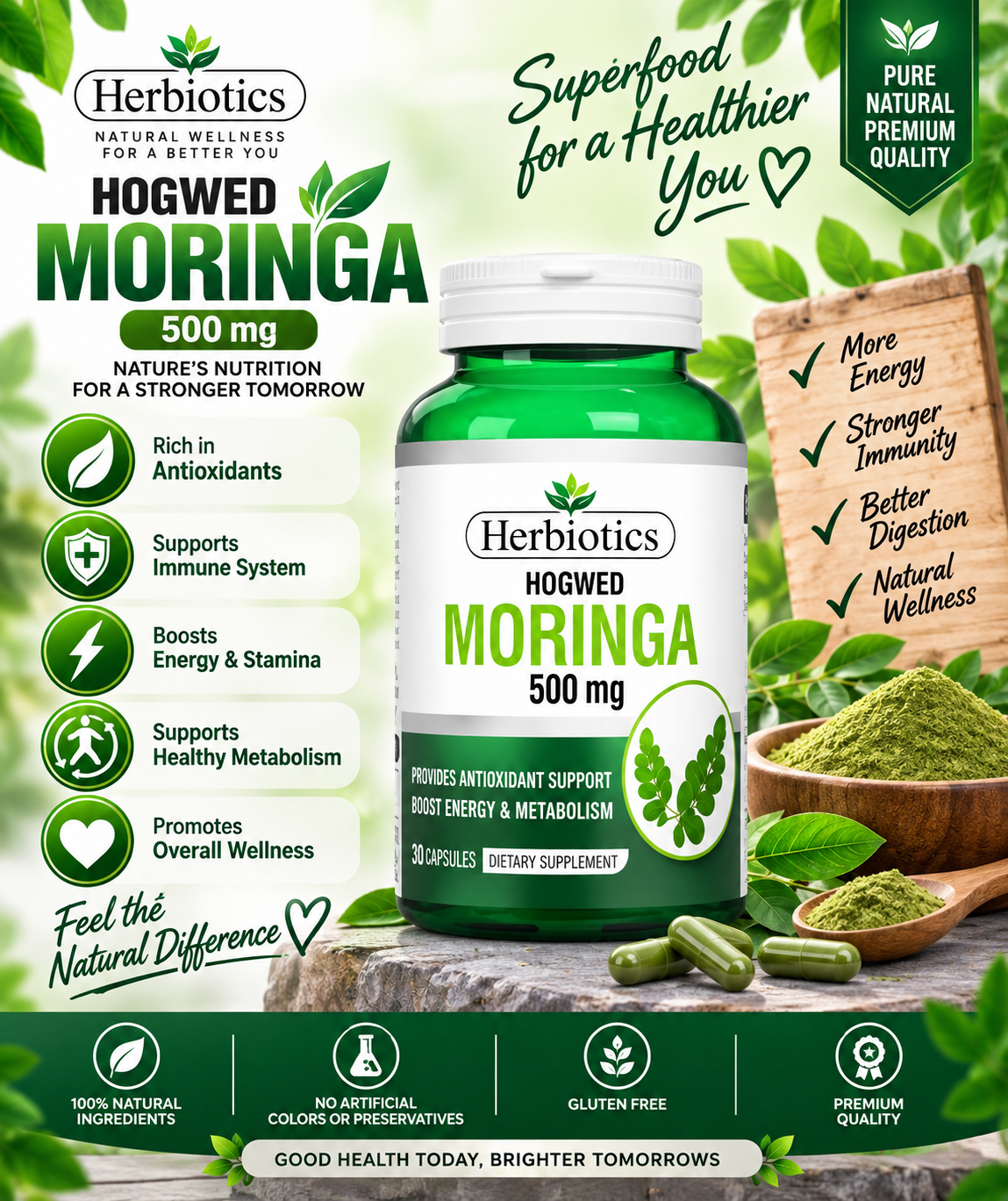 Herbiotics Hogwed Moringa 500mg | Natural Antioxidant & Energy Support Herbiotics Hogwed Moringa 500mg | Natural Antioxidant & Energy Support