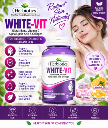 Herbiotics White-Vit | Glutathione, Vitamin C & Collagen Skin Glow Support – 30 Capsules