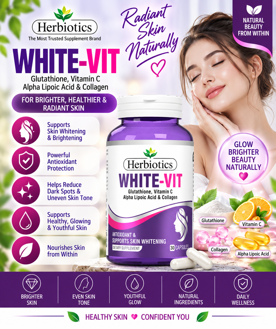 Herbiotics White-Vit | Glutathione, Vitamin C & Collagen Skin Glow Support – 30 Capsules Herbiotics White-Vit | Glutathione, Vitamin C & Collagen Skin Glow Support – 30 Capsules