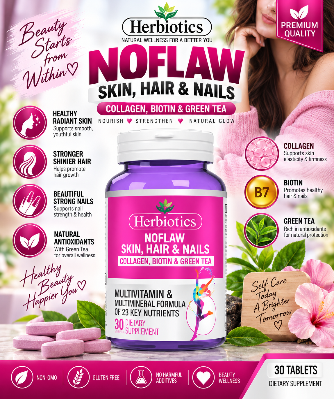 Herbiotics Noflaw Skin, Hair & Nails | Collagen, Biotin & Green Tea – 30 Tablets Herbiotics Noflaw Skin, Hair & Nails | Collagen, Biotin & Green Tea – 30 Tablets