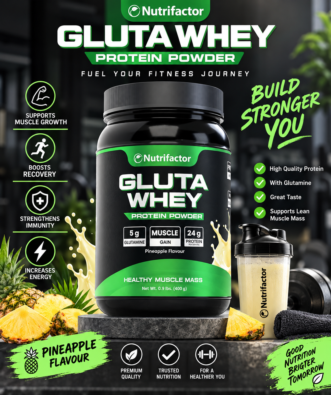 Nutrifactor Gluta Whey Protein Powder – 24g Protein + 5g Glutamine, Pineapple Flavour Nutrifactor Gluta Whey Protein Powder – 24g Protein + 5g Glutamine, Pineapple Flavour