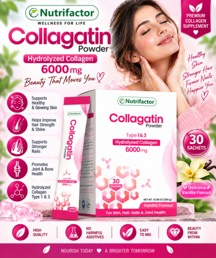 Nutrifactor Collagatin Collagen Powder 6000mg – Type 1 & 3, 30 Vanilla Sachets