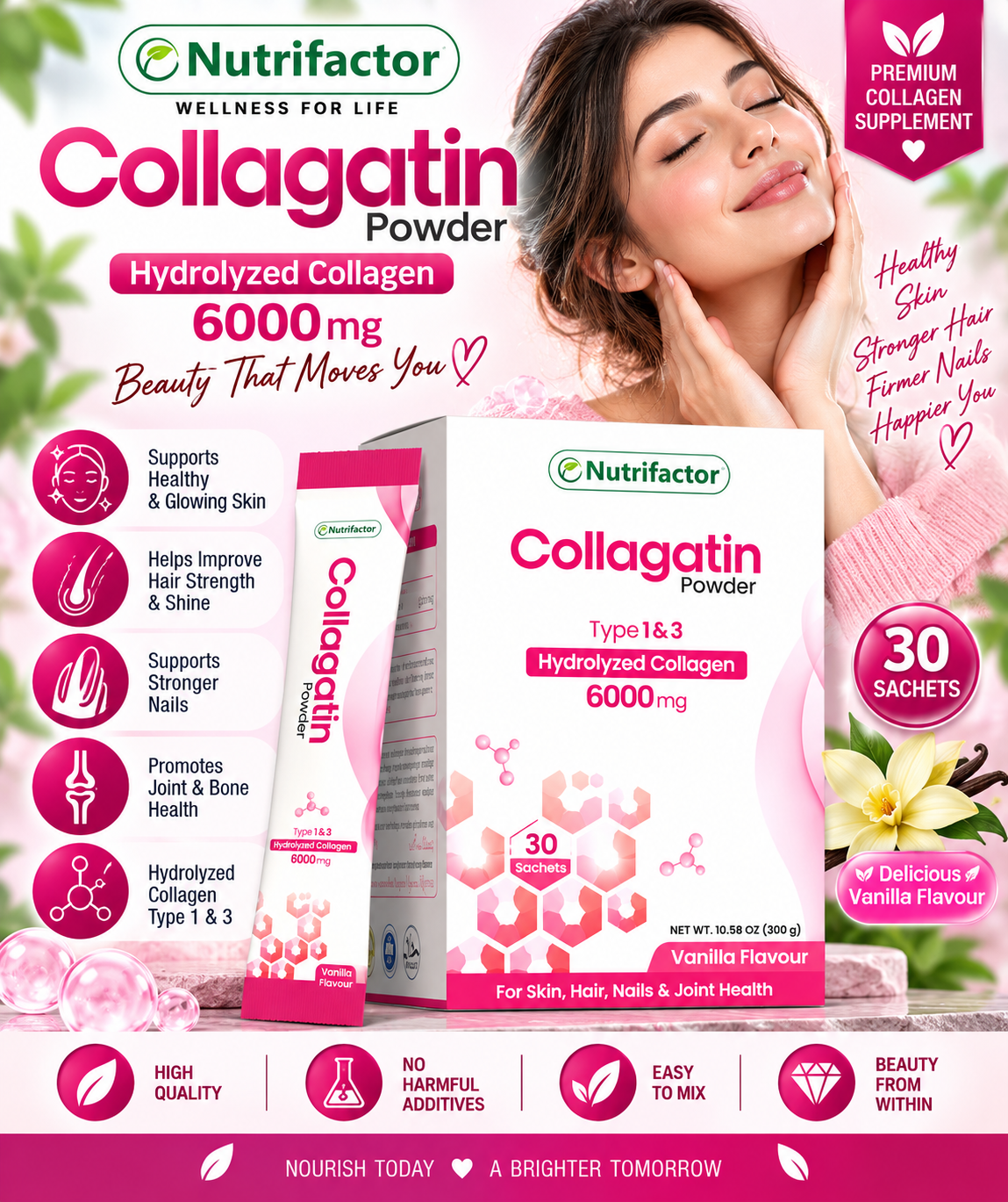 Nutrifactor Collagatin Collagen Powder 6000mg – Type 1 & 3, 30 Vanilla Sachets Nutrifactor Collagatin Collagen Powder 6000mg – Type 1 & 3, 30 Vanilla Sachets