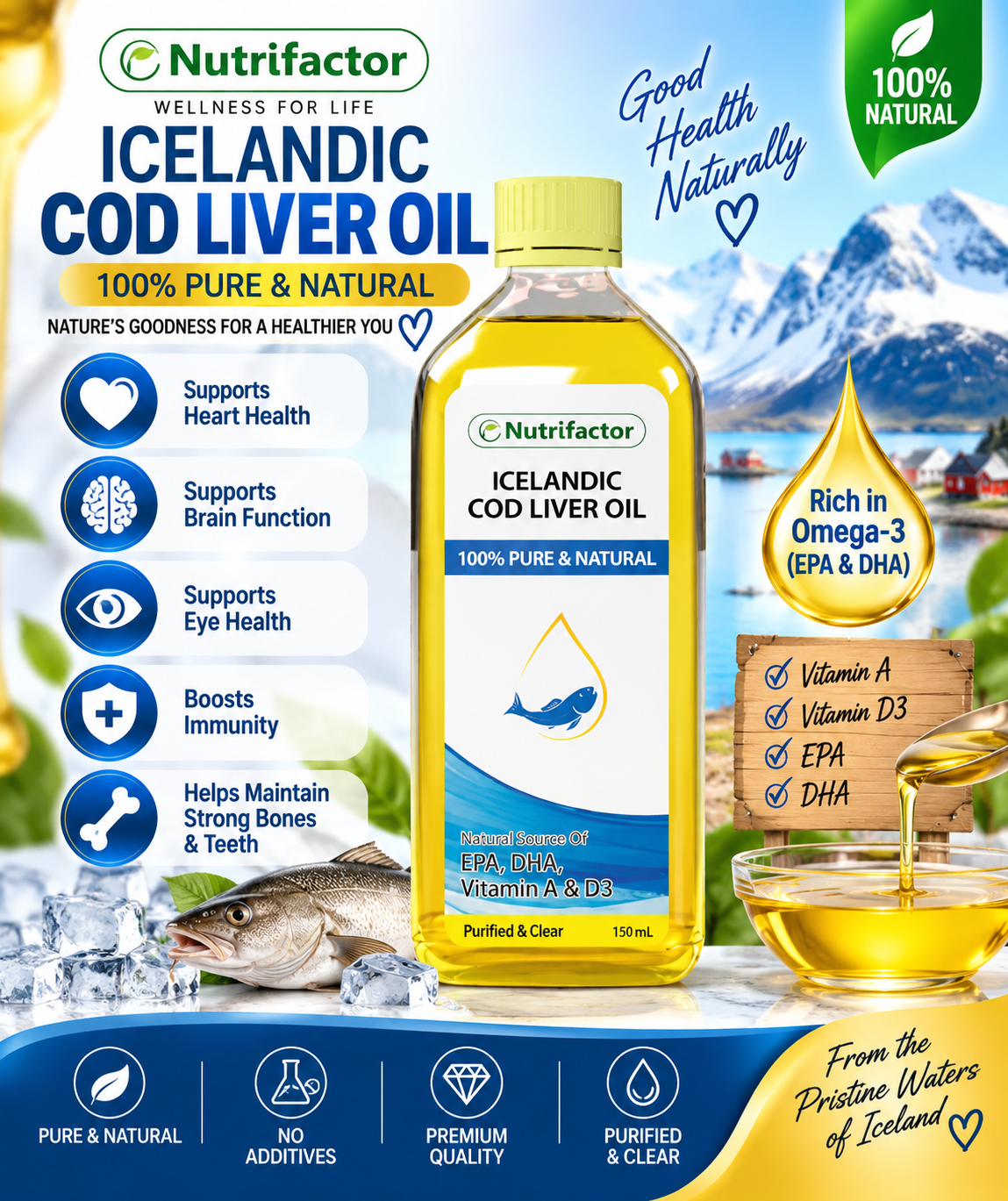 Nutrifactor Icelandic Cod Liver Oil 150ml – Omega-3 EPA DHA, Vitamins A & D3 Nutrifactor Icelandic Cod Liver Oil 150ml – Omega-3 EPA DHA, Vitamins A & D3