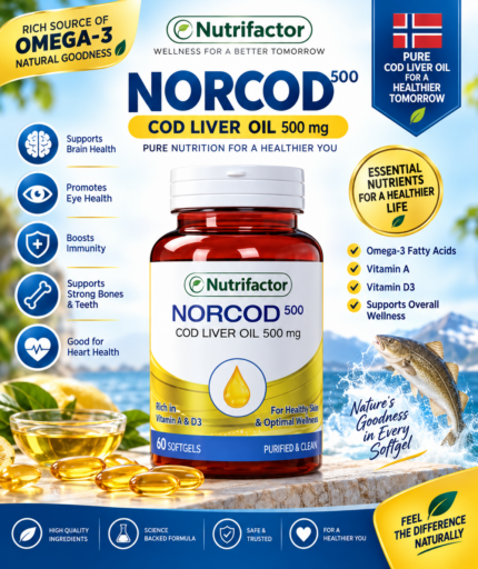 Nutrifactor Norcod 500 – Cod Liver Oil 500mg with Omega-3, 60 Softgels