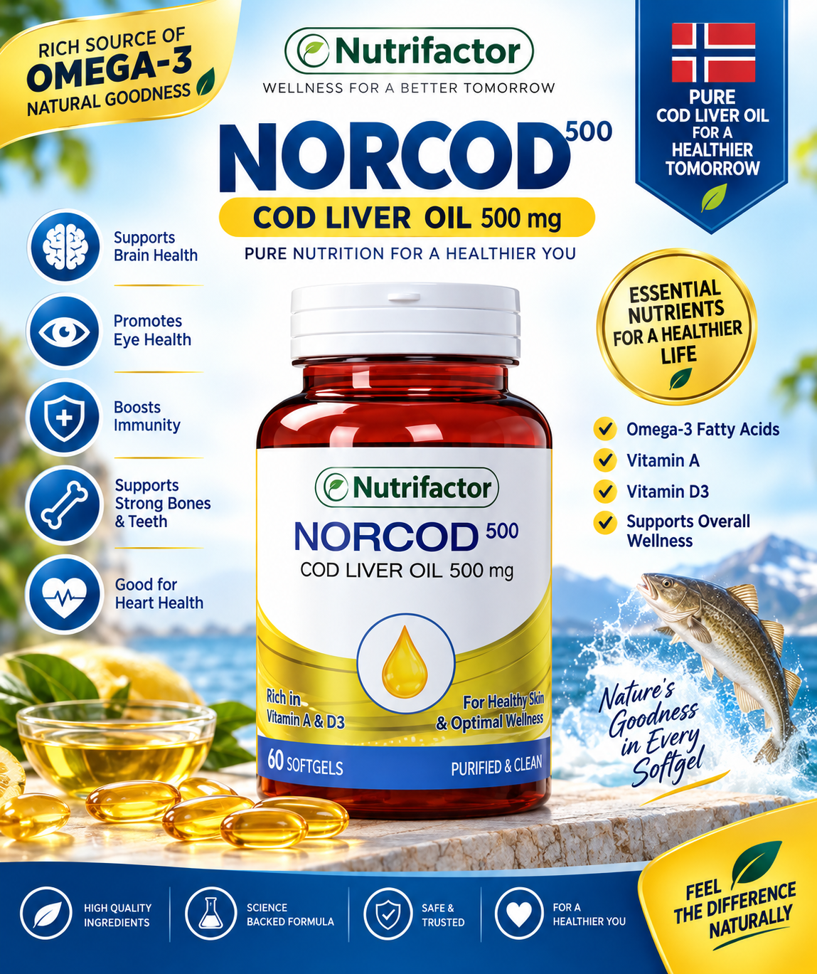 Nutrifactor Norcod 500 – Cod Liver Oil 500mg with Omega-3, 60 Softgels Nutrifactor Norcod 500 – Cod Liver Oil 500mg with Omega-3, 60 Softgels