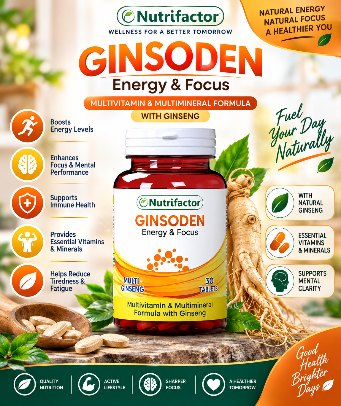 Nutrifactor Ginsoden – Multivitamin with Ginseng for Energy & Focus, 30 Tablets Nutrifactor Ginsoden – Multivitamin with Ginseng for Energy & Focus, 30 Tablets