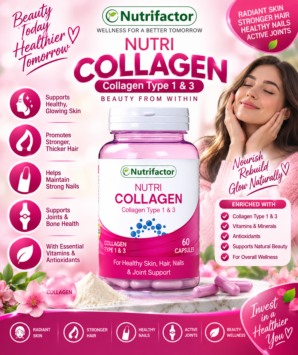 Nutrifactor Nutri Collagen Type 1 & 3 – Skin, Hair, Nails & Joint Support, 60 Capsules Nutrifactor Nutri Collagen Type 1 & 3 – Skin, Hair, Nails & Joint Support, 60 Capsules