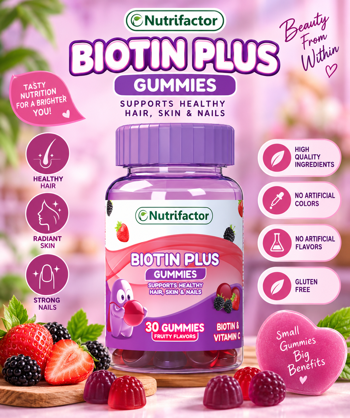 Nutrifactor Biotin Plus Gummies – Hair, Skin & Nails Support, 30 Gummies Nutrifactor Biotin Plus Gummies – Hair, Skin & Nails Support, 30 Gummies