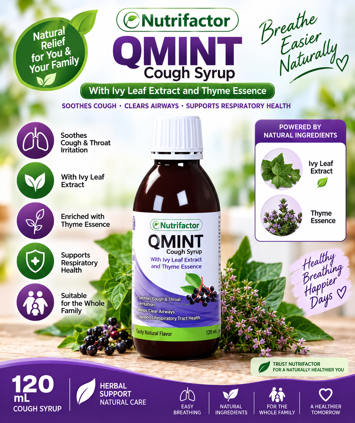 Nutrifactor Qmint Cough Syrup 120ml – Ivy Leaf & Thyme Respiratory Support Nutrifactor Qmint Cough Syrup 120ml – Ivy Leaf & Thyme Respiratory Support