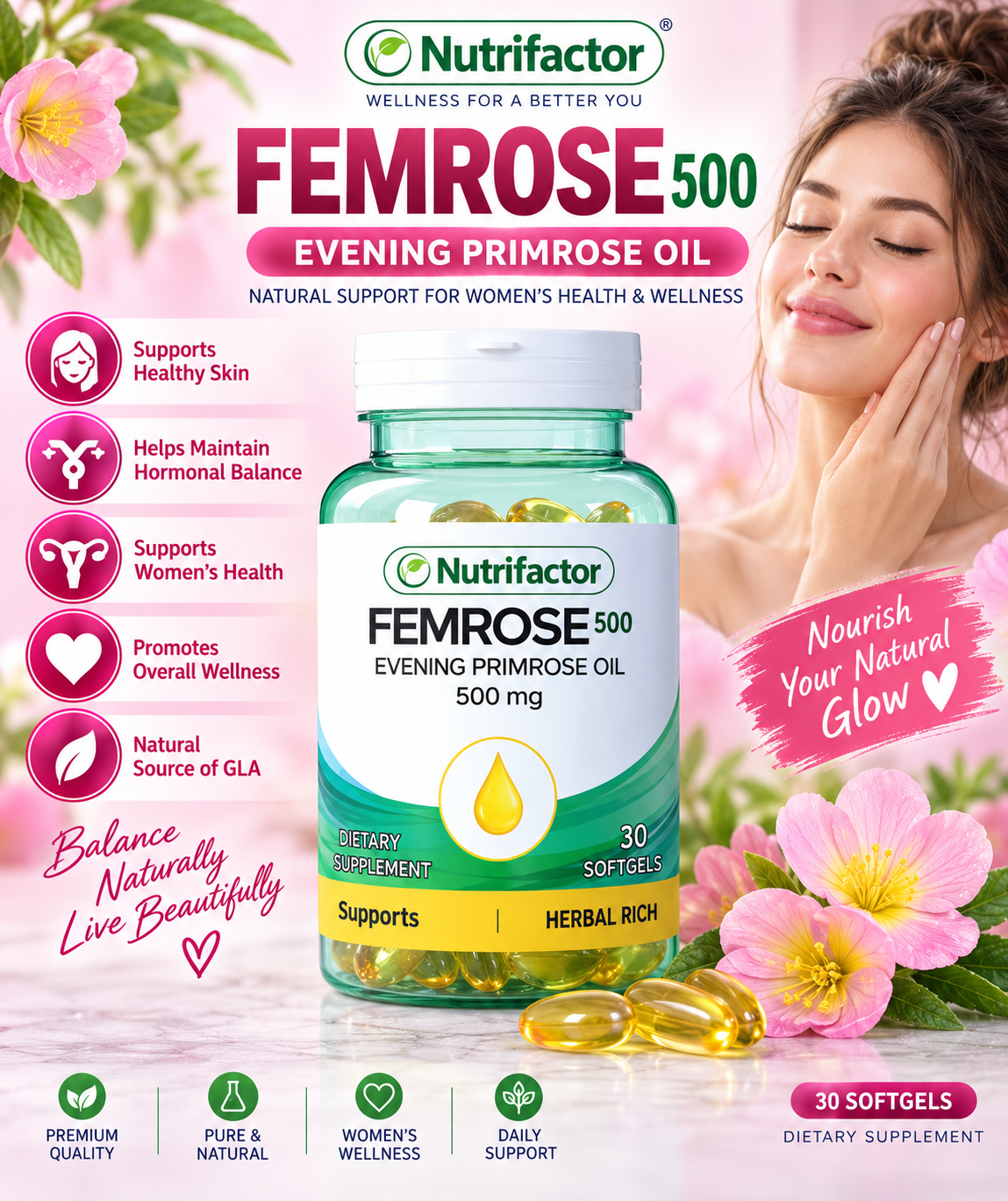Nutrifactor Femrose 500 Evening Primrose Oil – 30 Softgels Nutrifactor Femrose 500 Evening Primrose Oil – 30 Softgels